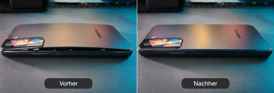 Samsung-Smartphone im Vorher-Nachher-Vergleich: links angehobene, rechts geschlossene Rückseite.