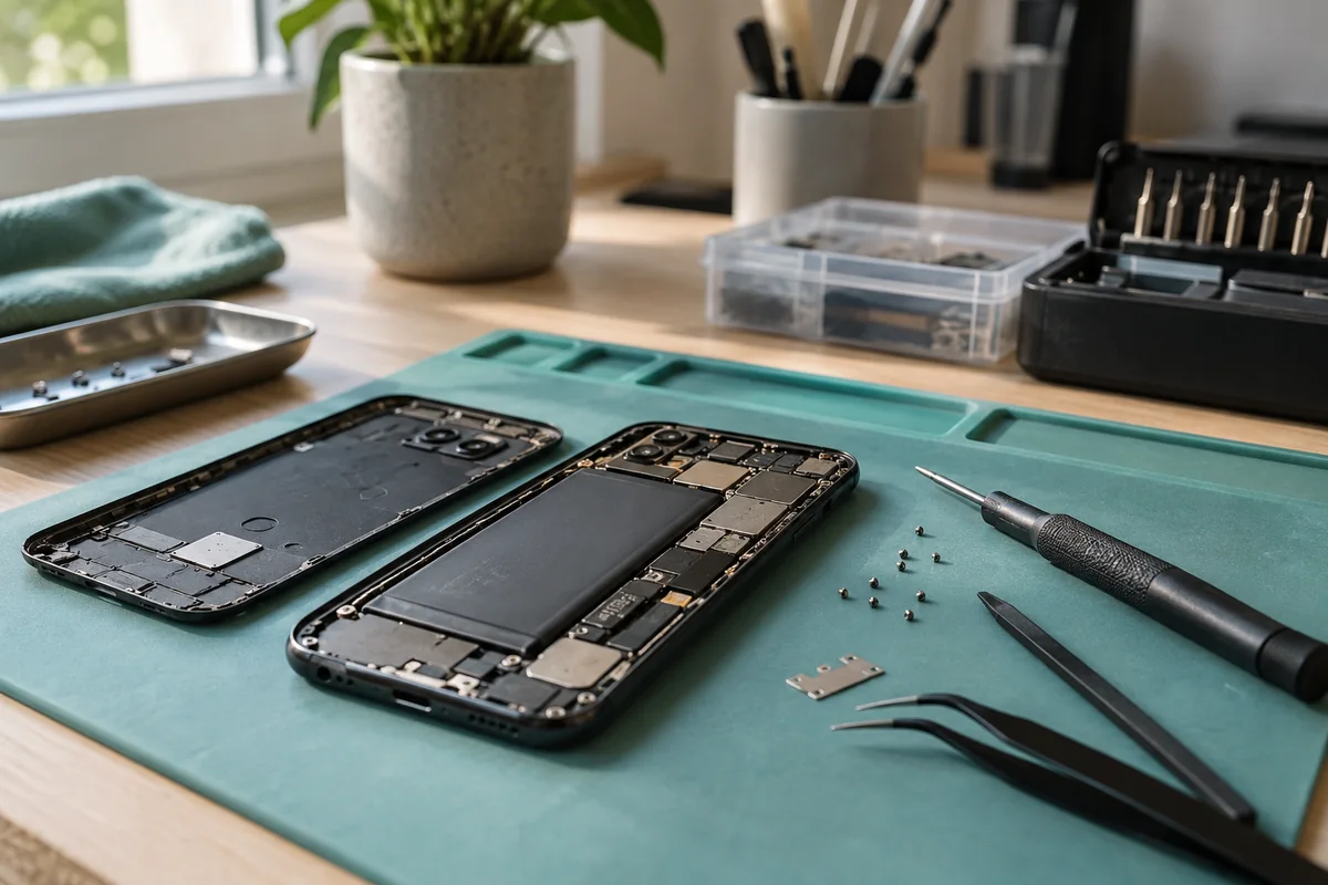 geöffnetes Smartphone auf einer Reparaturmatte
