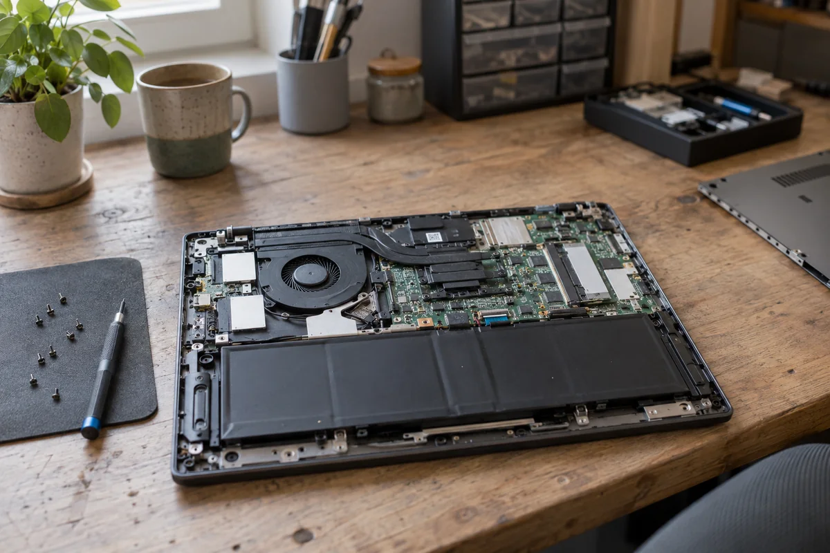 geöffnetes Laptop auf einem Reparaturtisch