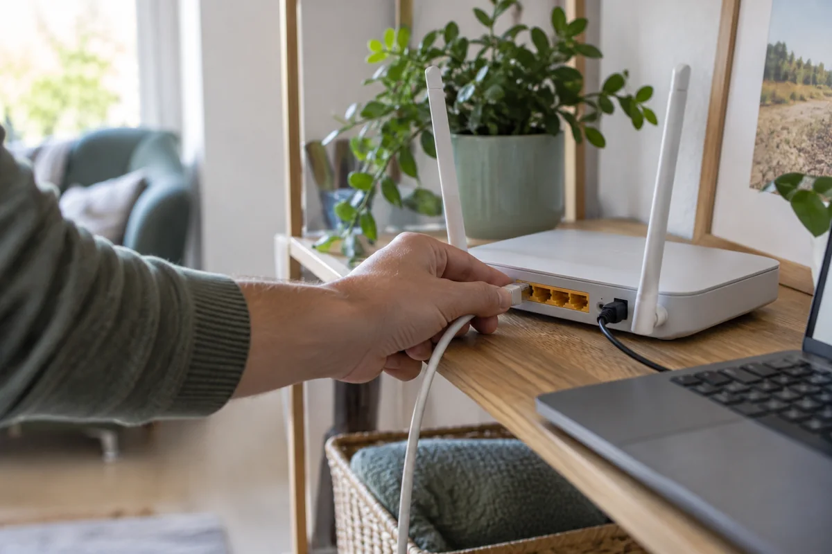 Netzwerkkabel wird an einen Heimrouter angeschlossen