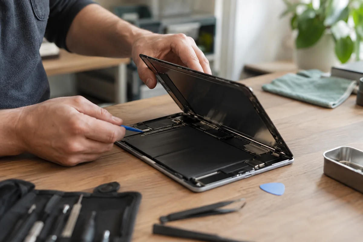 Technikerhände an einem geöffneten Tablet