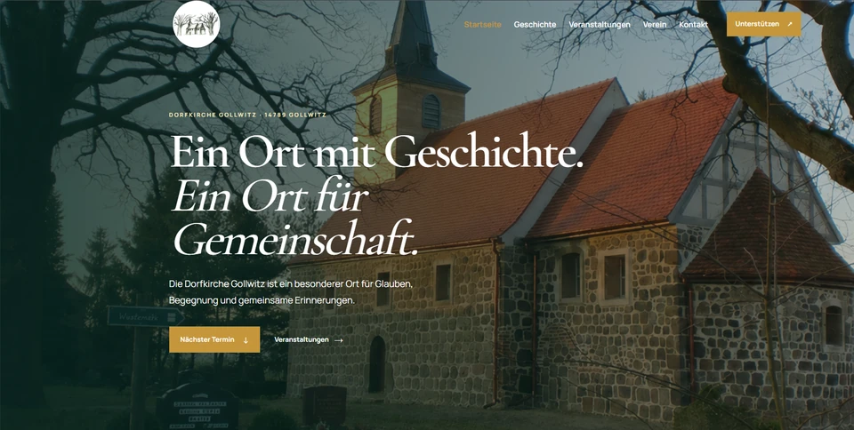 Startseite der Dorfkirche Gollwitz mit einem Foto der Kirche